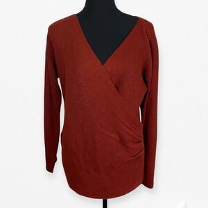 Rustic Red V-Neck Wrap Sweater with Ruched Detailing XL